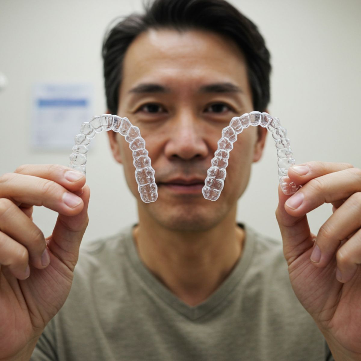 man holding a pair of clear braces at Heaton Mersey Orthodontic Centre